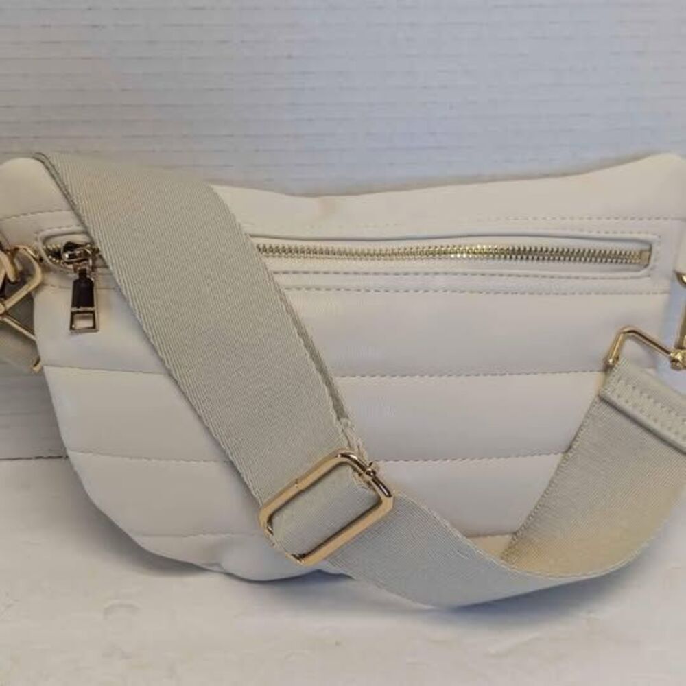 Ahdorned Quilted Winter White Faux Leather Sling Crossbody Bag Adjustable Strap